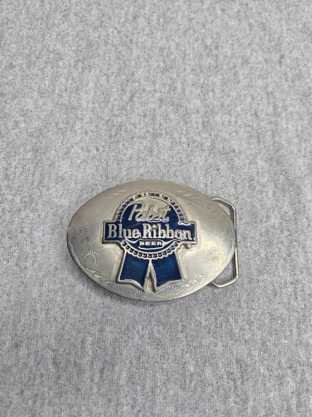 Pabst Blue Ribbon Belt Buckle PBR Logo Blue Enamel Western Silver Tone